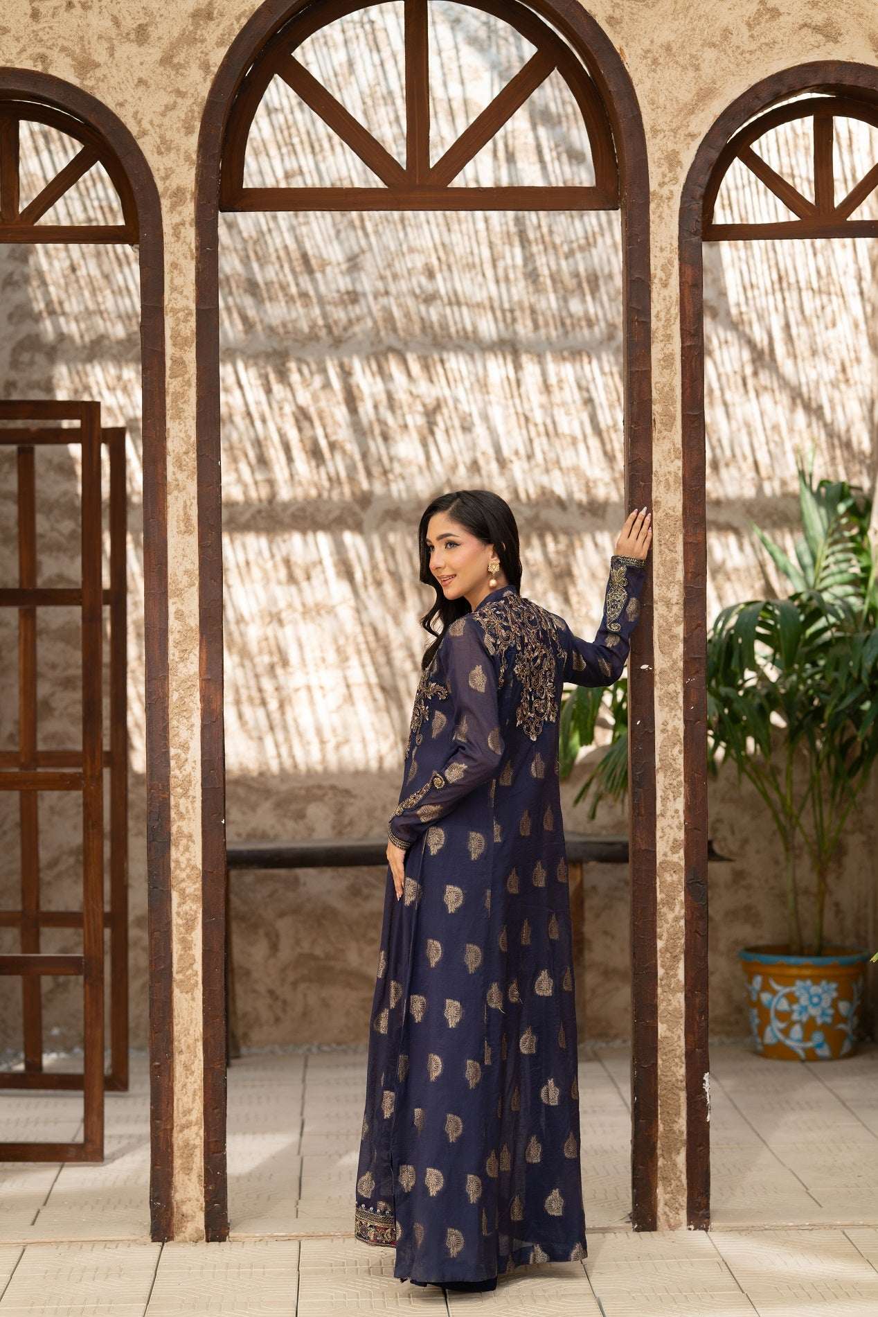 NF-6458 Navy Blue Jacquard Stitched Dress