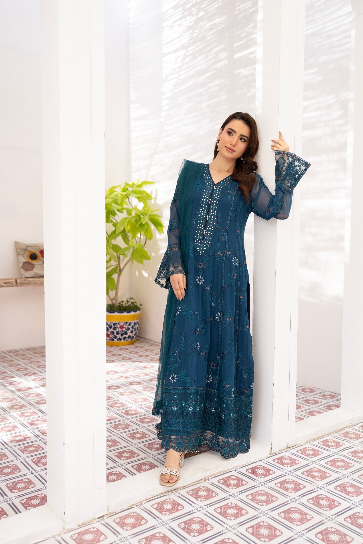 NF-6304 Blue Chiffon Stitched 3pc Suit
