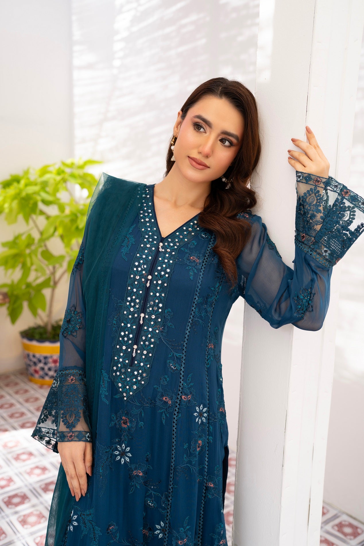 NF-6304 Blue Chiffon Stitched 3pc Suit