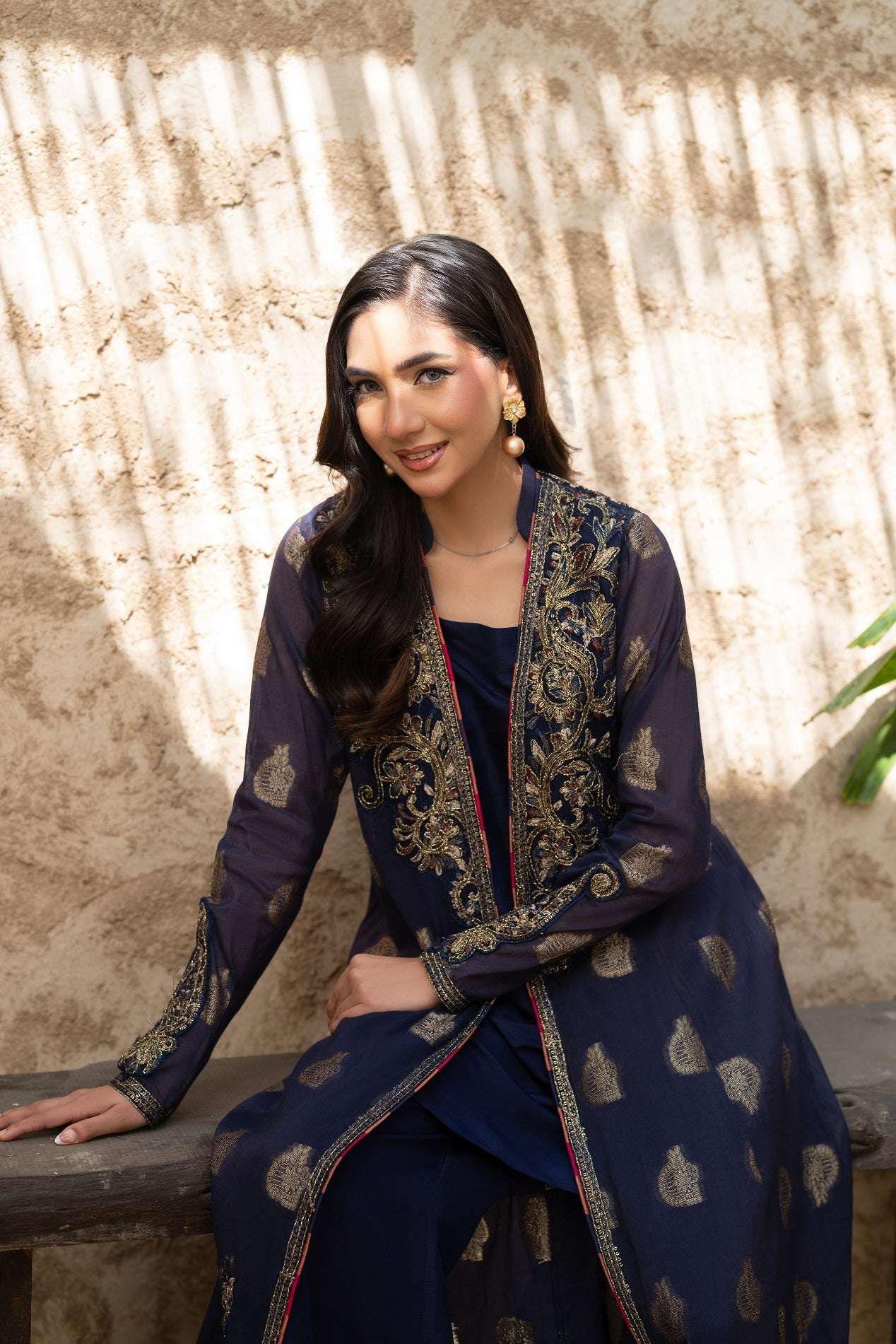 NF-6458 Navy Blue Jacquard Stitched Dress