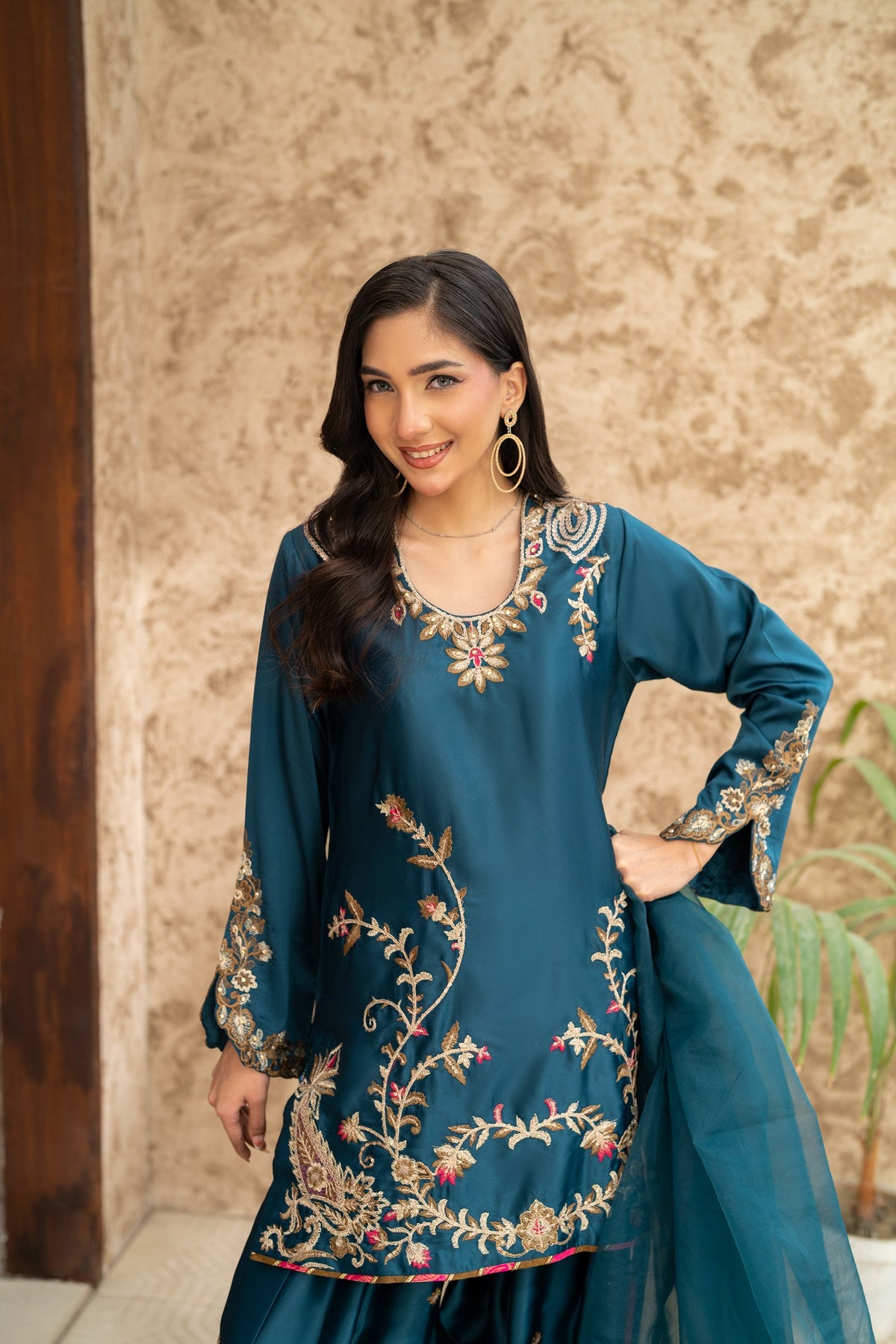 NF-6461 Teal Green Silk 2pc Stitched Dress
