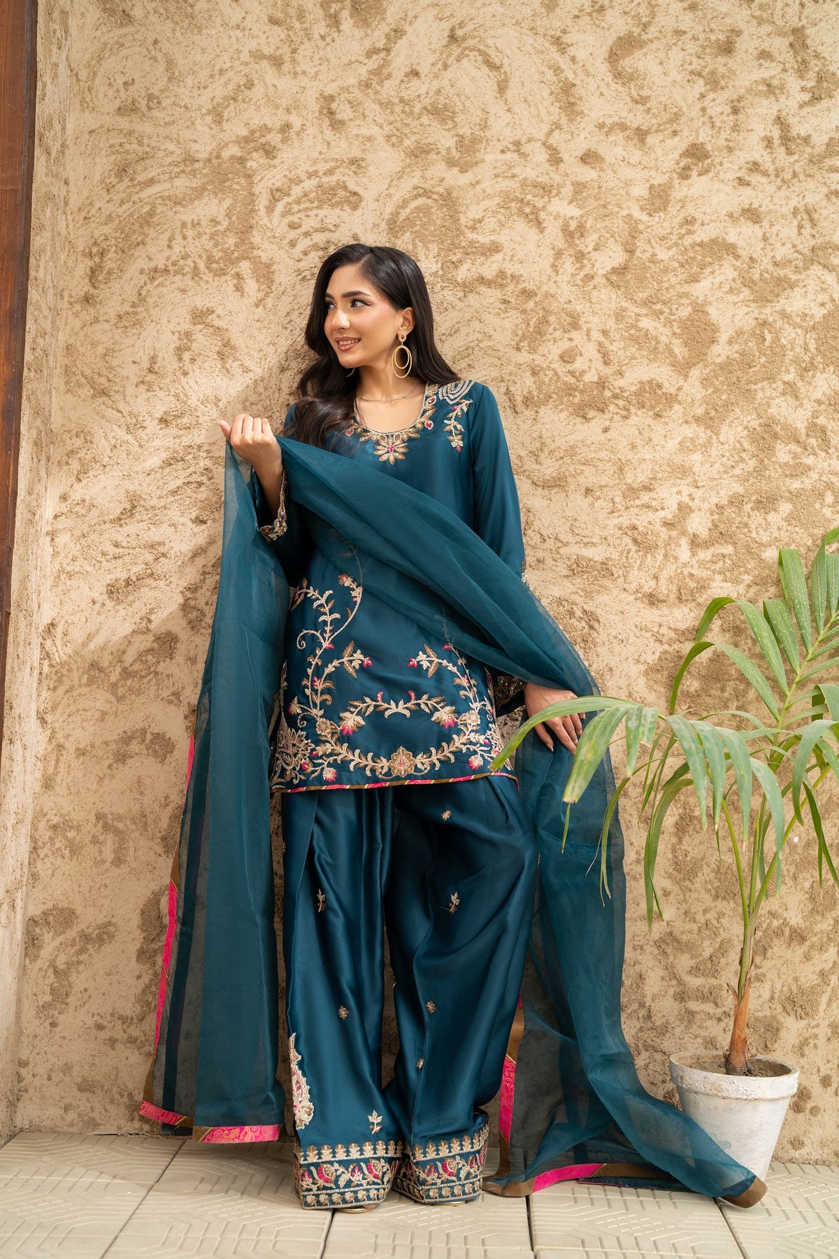 NF-6461 Teal Green Silk 2pc Stitched Dress
