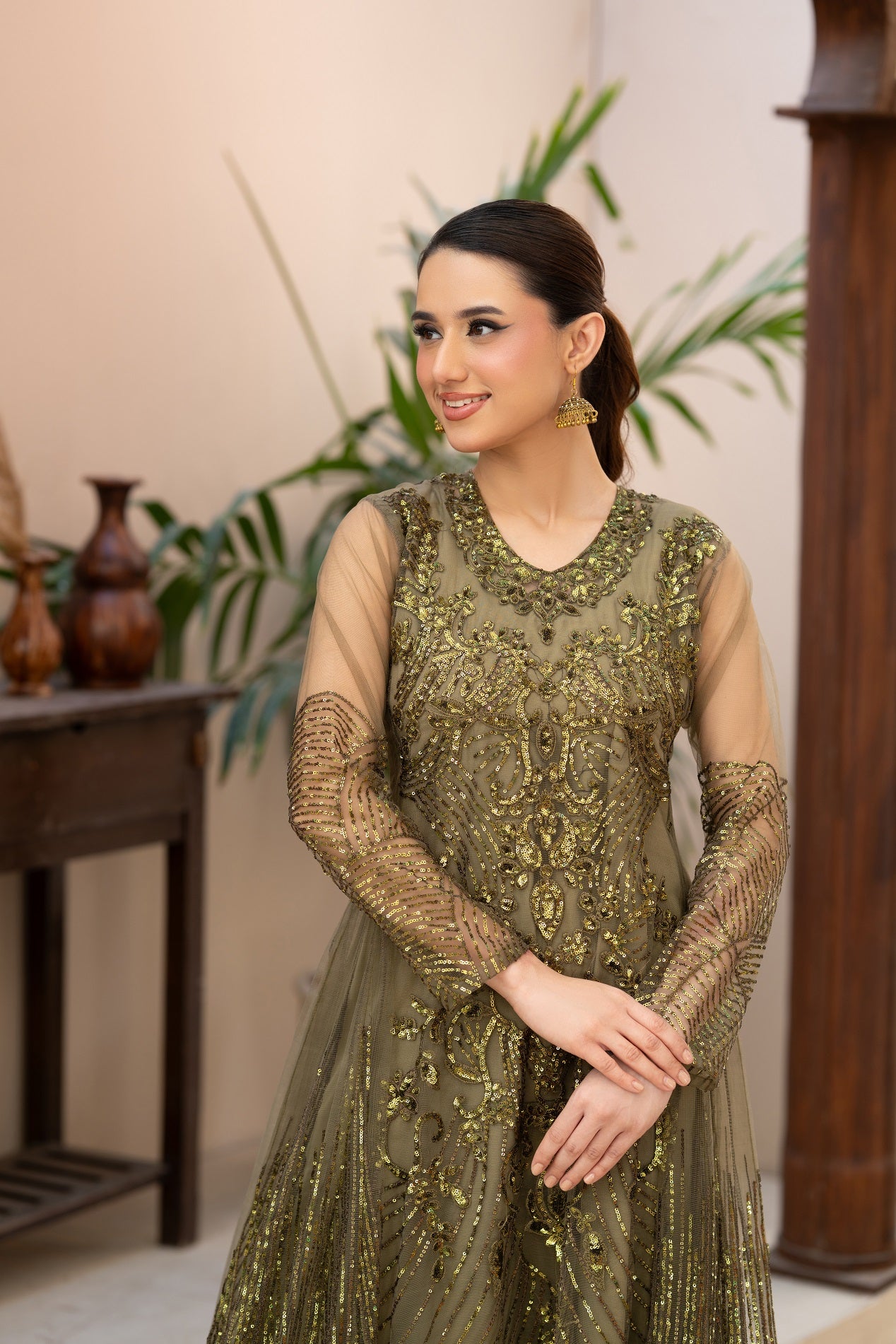 NF-6634 Mehndi Net Stitched Dress