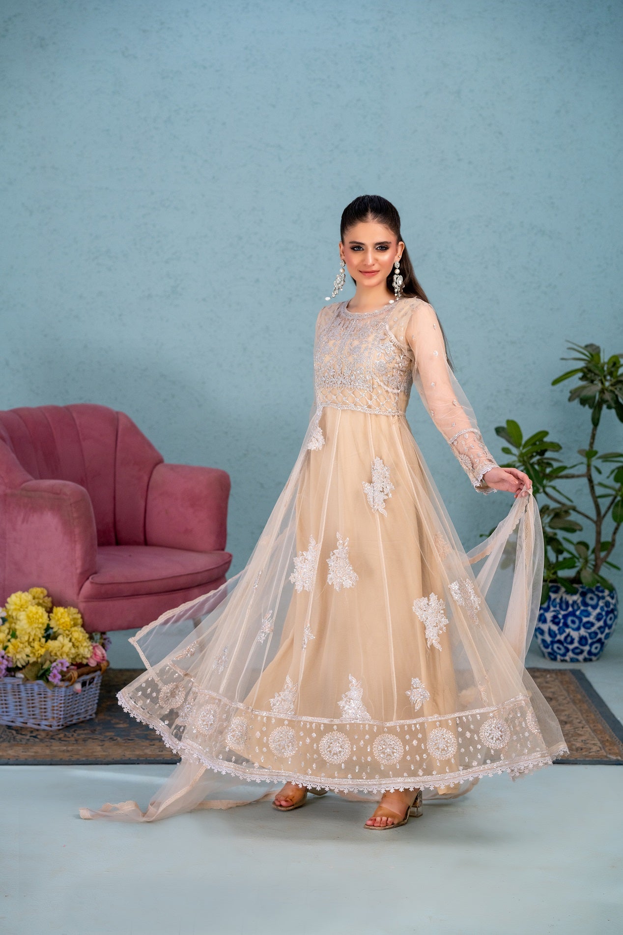 NF-6500 Beige Net Stitched Frock