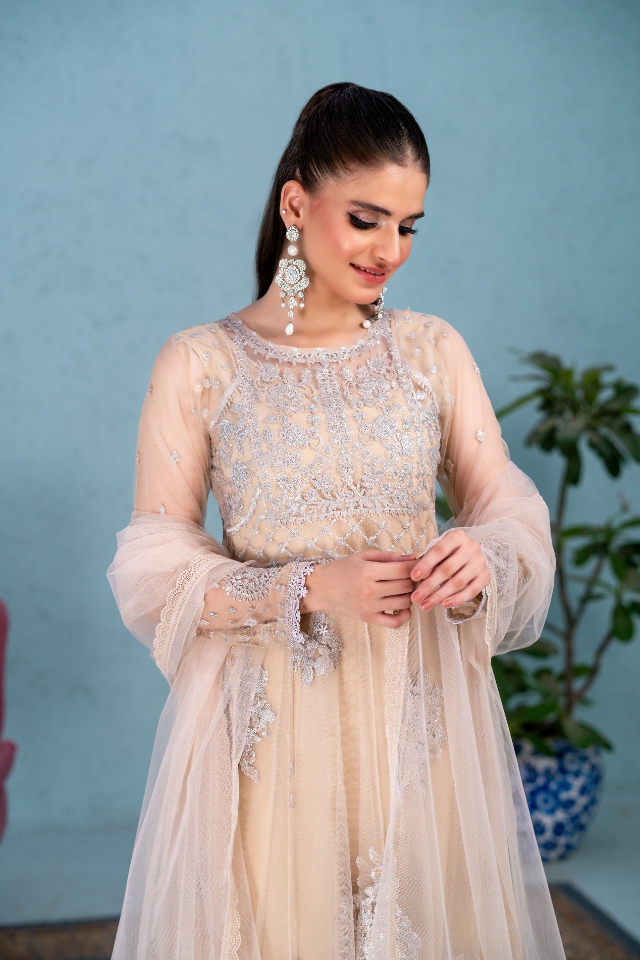 NF-6500 Beige Net Stitched Frock