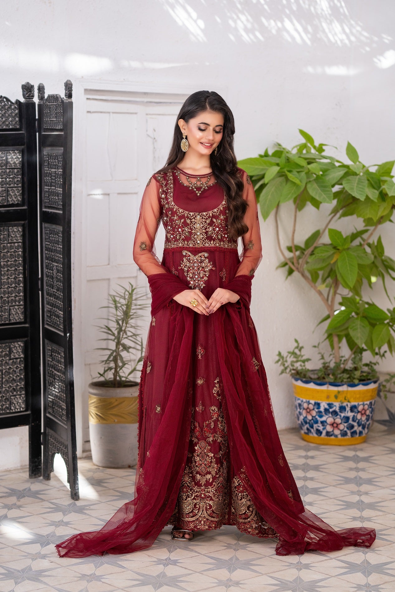 NF-6307 Maroon Net 3pc Stitched Suit