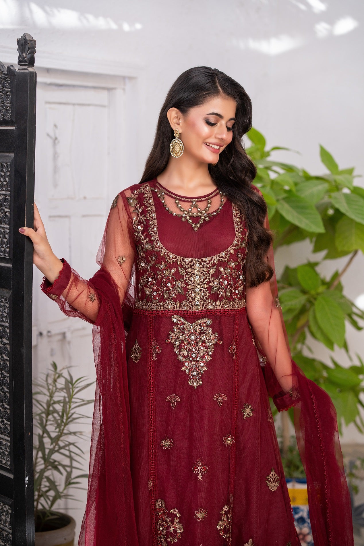 NF-6307 Maroon Net 3pc Stitched Suit