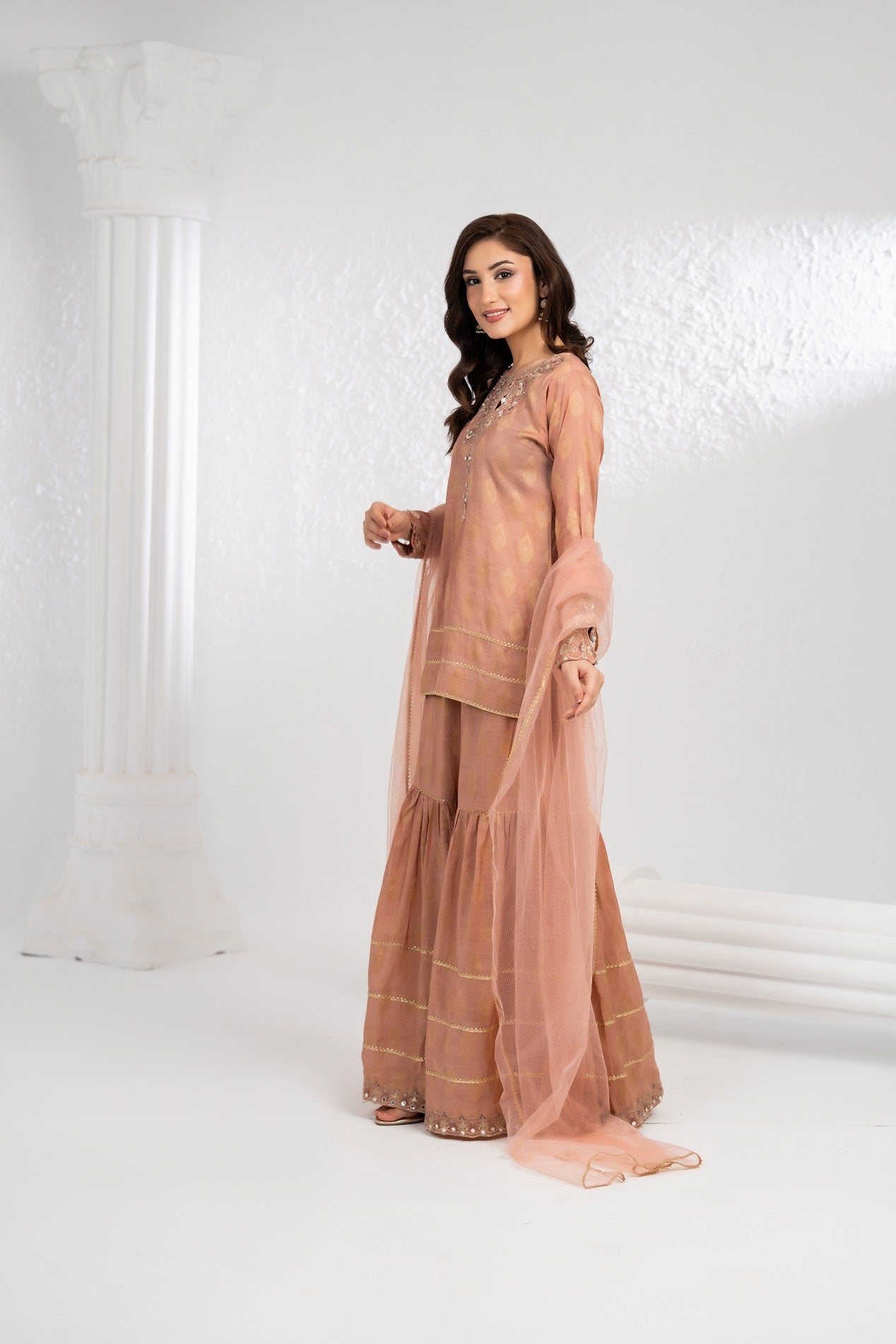 NF-6677 Peach Jacquard Shirt & Gharara Stitched 2PC