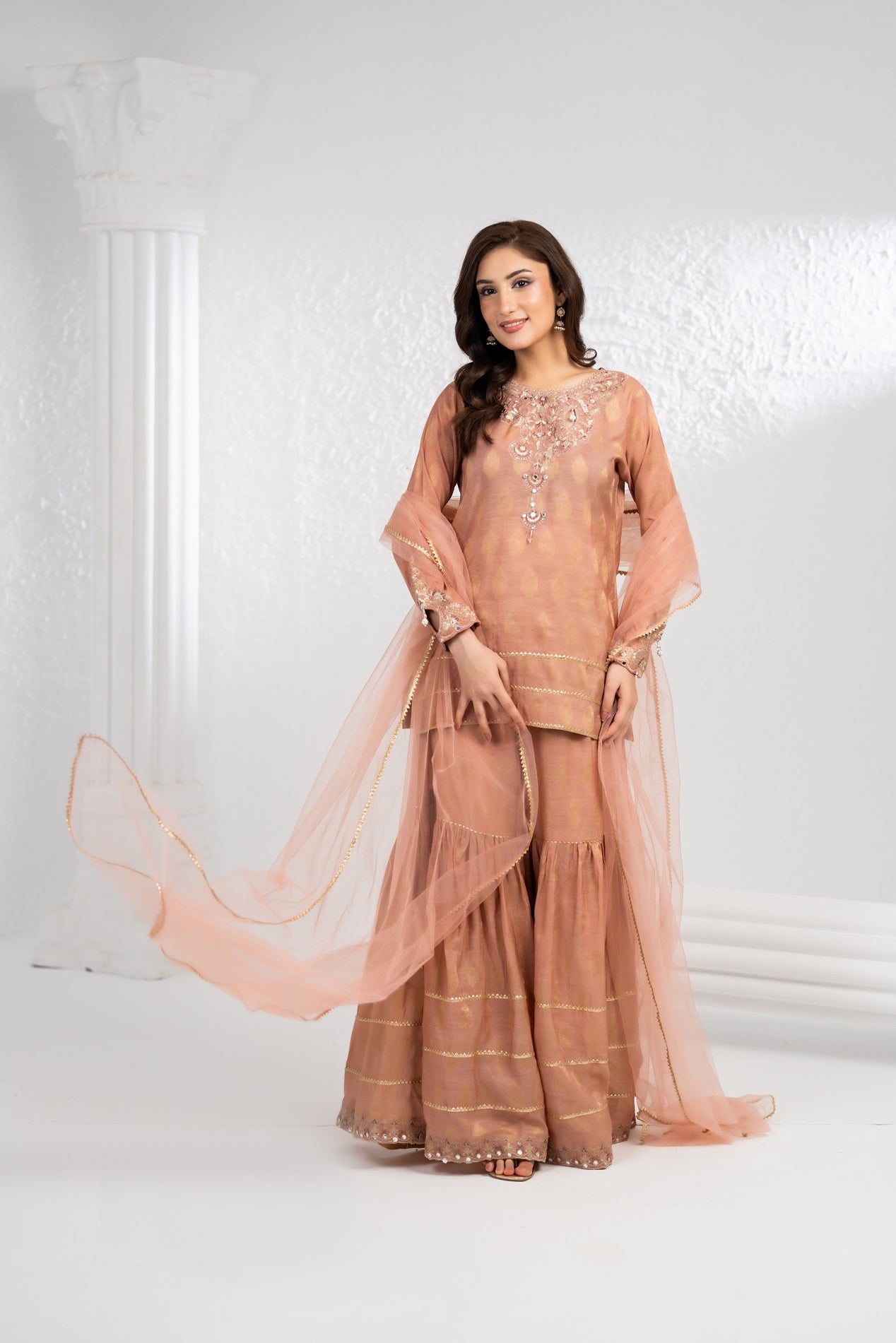 NF-6677 Peach Jacquard Shirt & Gharara Stitched 2PC