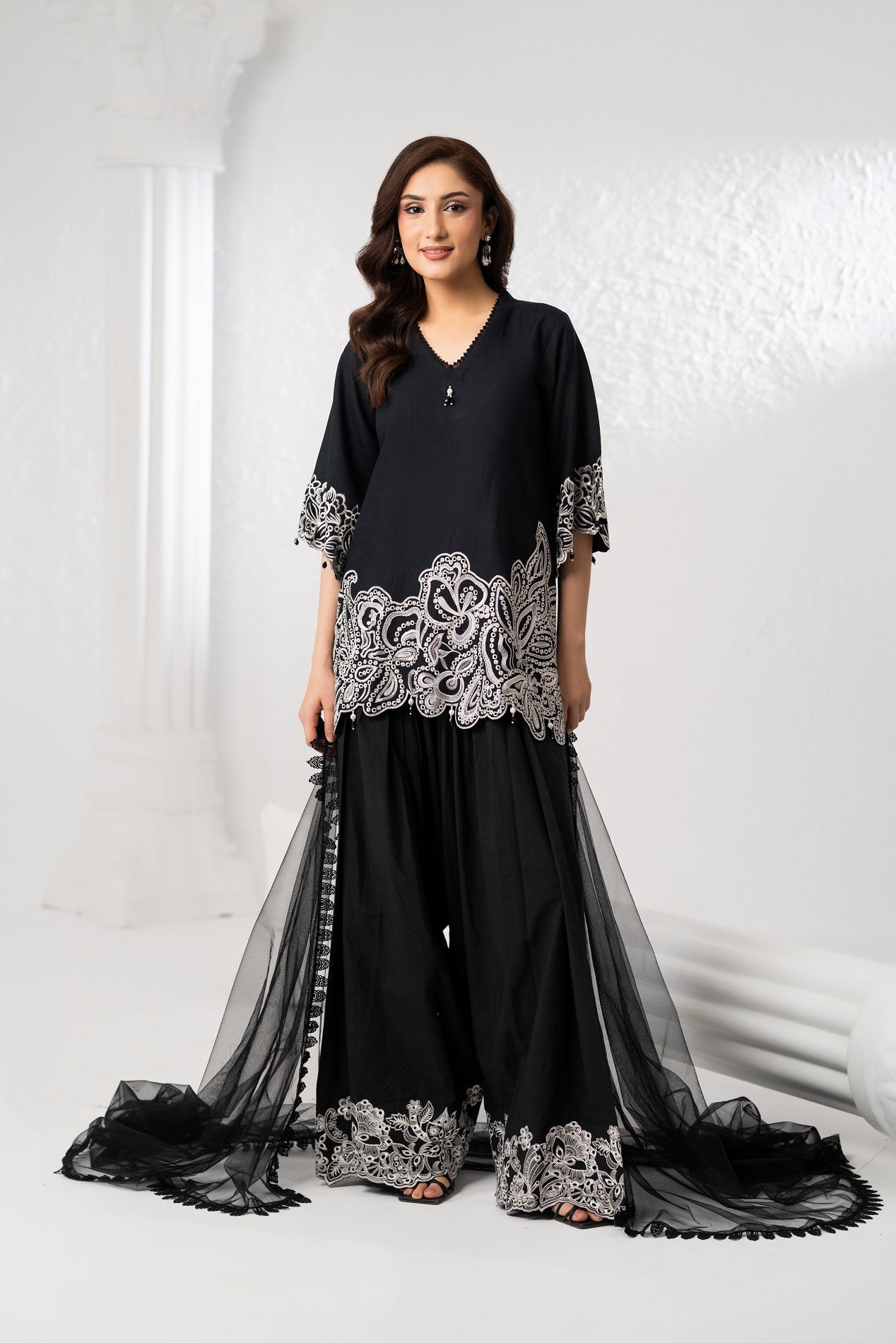 NF-6744 Black White Cotton Stitched 2PC Suit