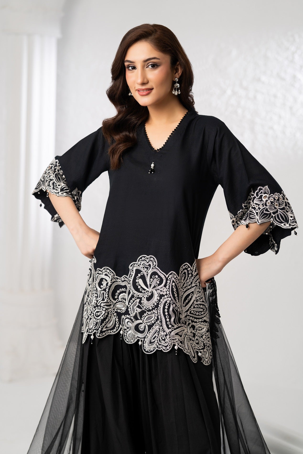 NF-6744 Black White Cotton Stitched 2PC Suit