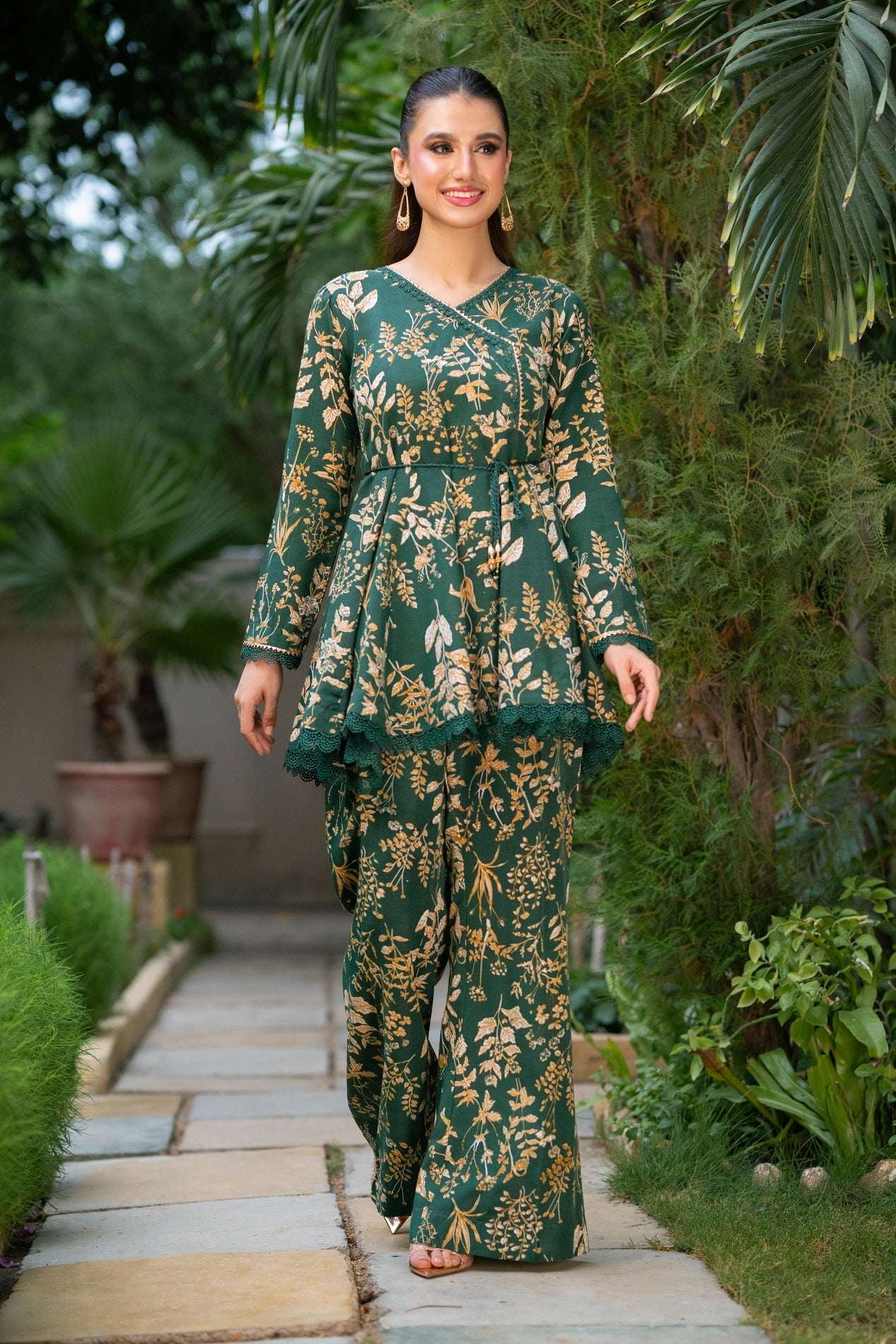 NF-99 Green Beige Printed 2pc Stitched Dress