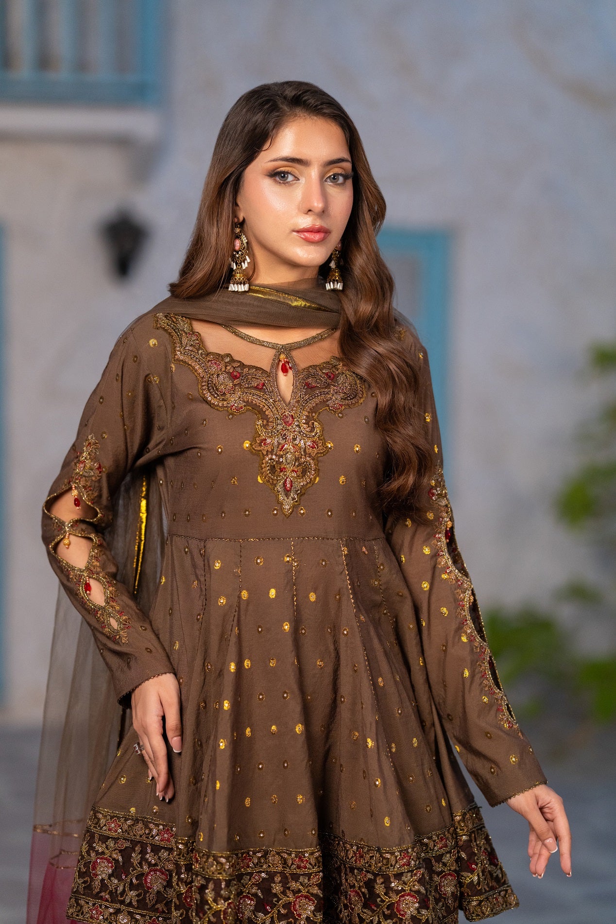 NF-6725 Brown Jacquard 2Pc Stitched  Suit