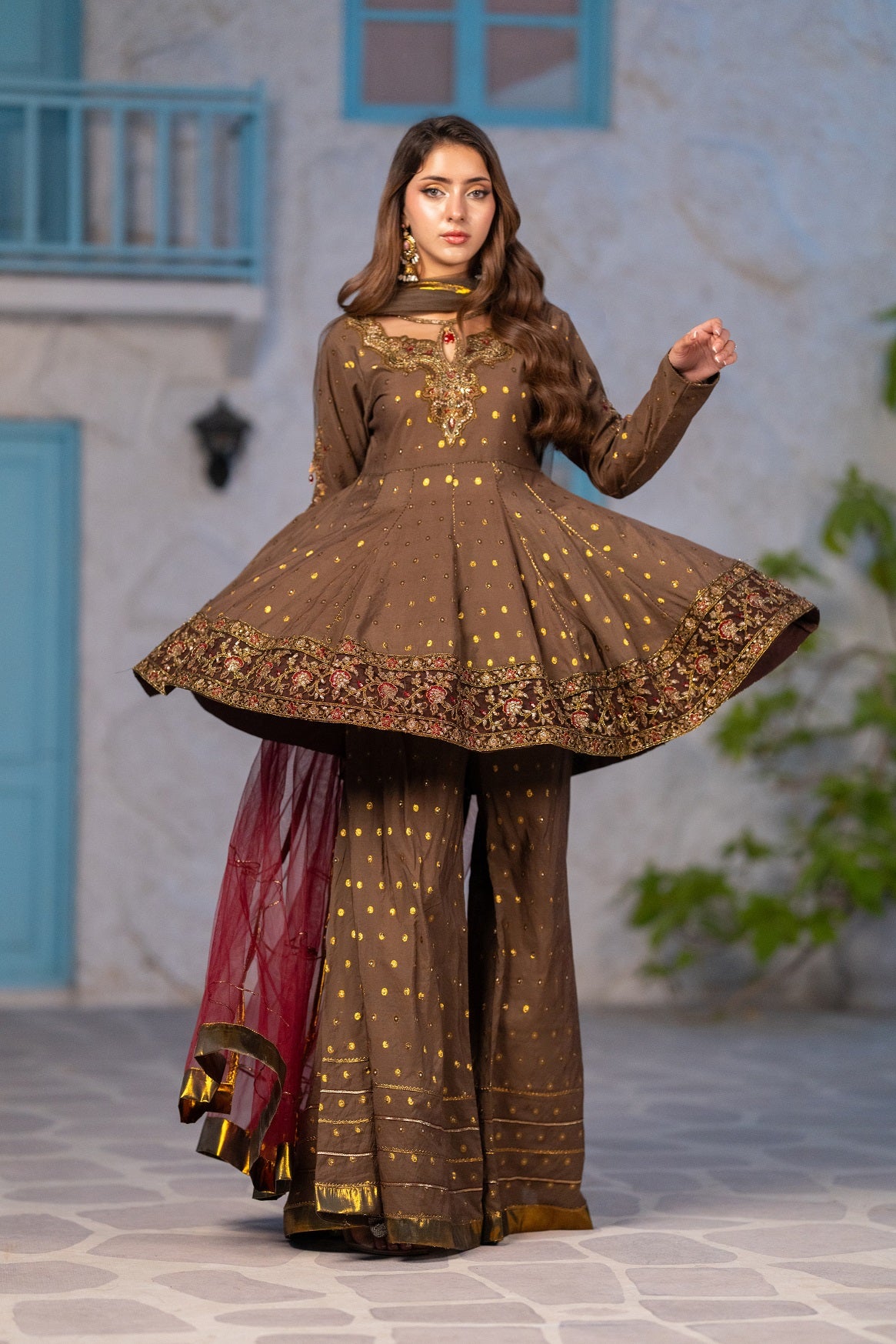 NF-6725 Brown Jacquard 2Pc Stitched  Suit