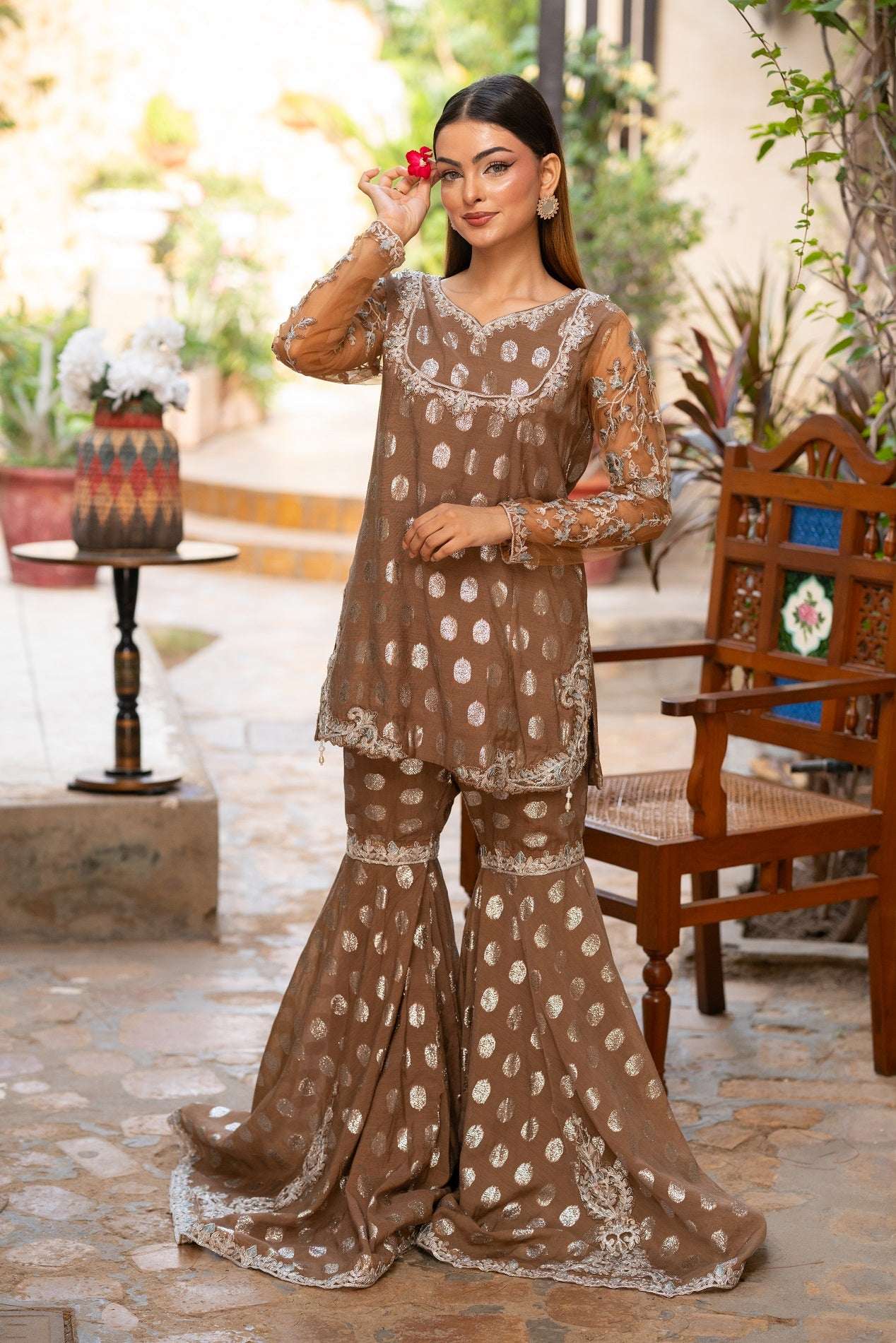 NF-5983 Beige Shirt & Gharara Suit