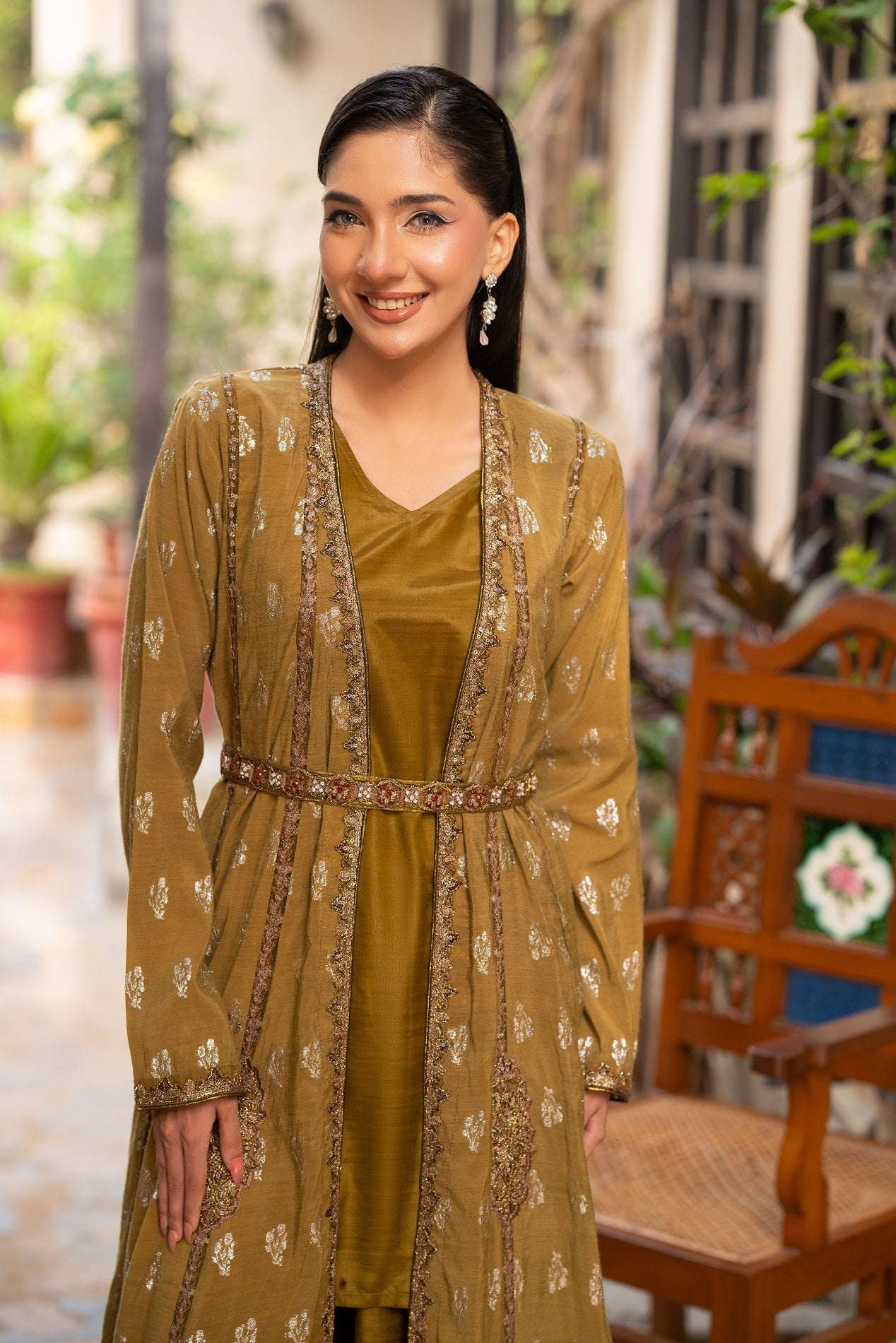 NF-5984 Olive Jacquard Stitched Coat