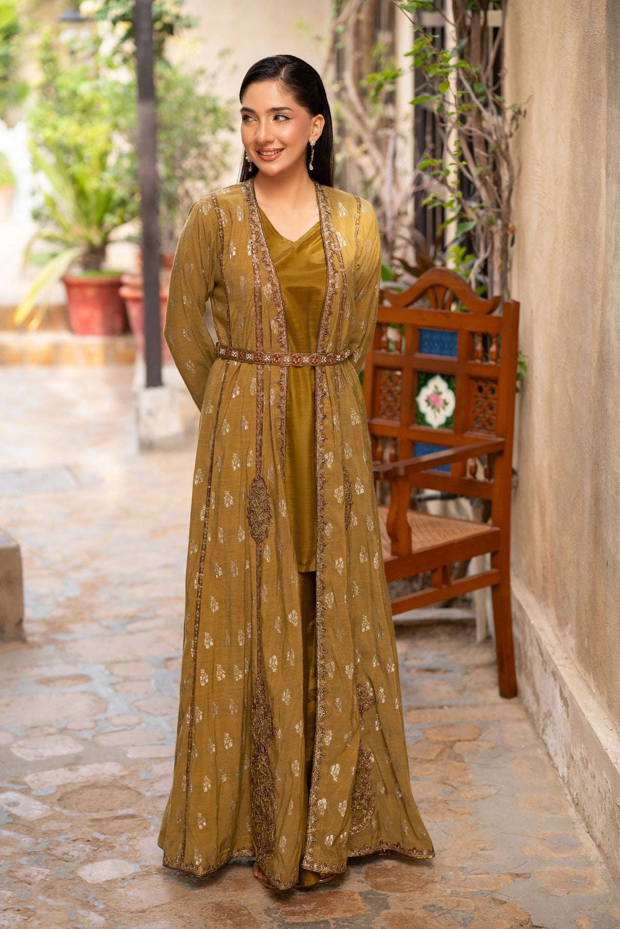 NF-5984 Olive Jacquard Stitched Coat
