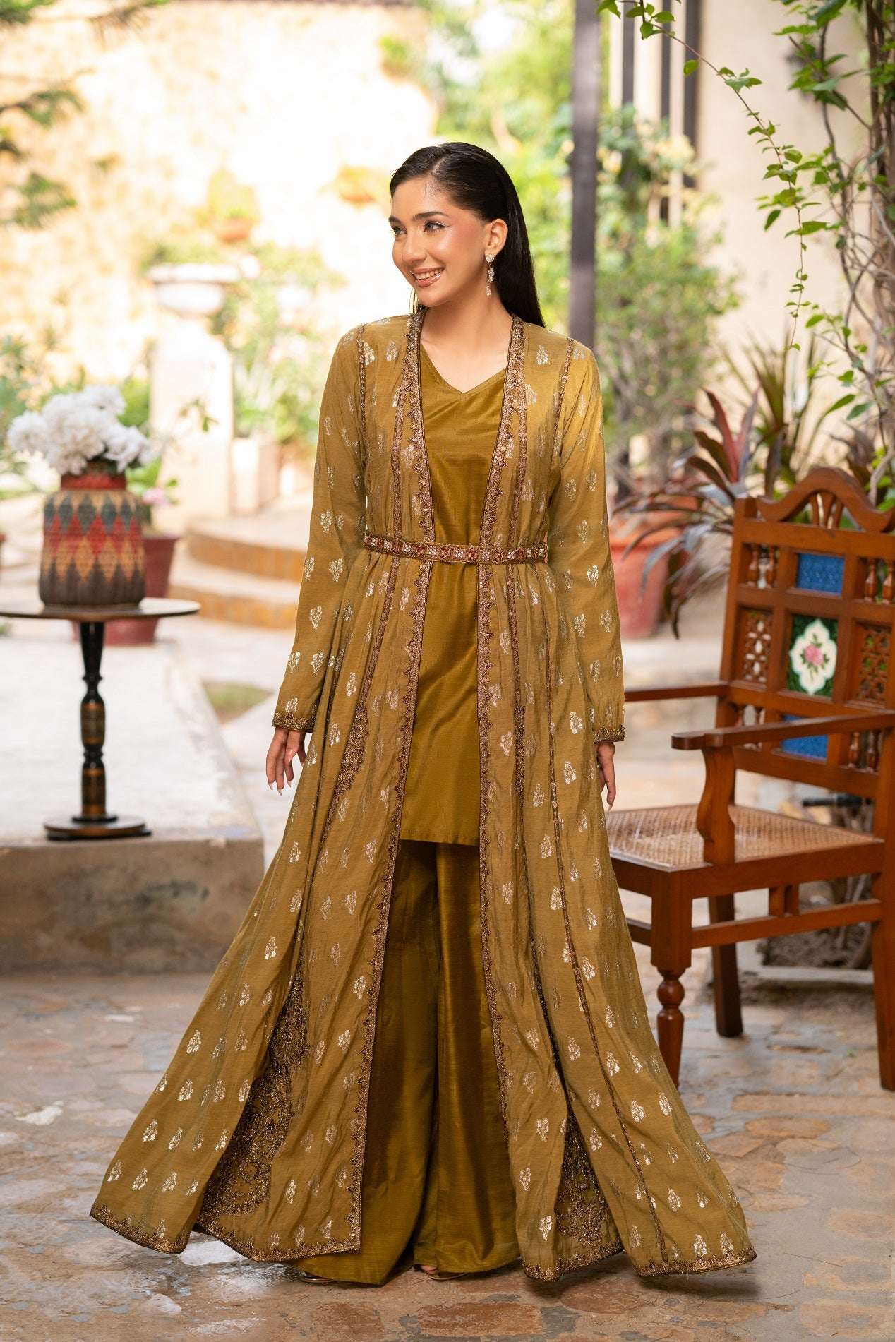 NF-5984 Olive Jacquard Stitched Coat