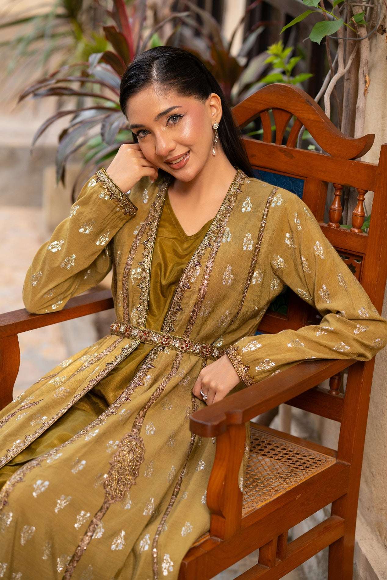 NF-5984 Olive Jacquard Stitched Coat