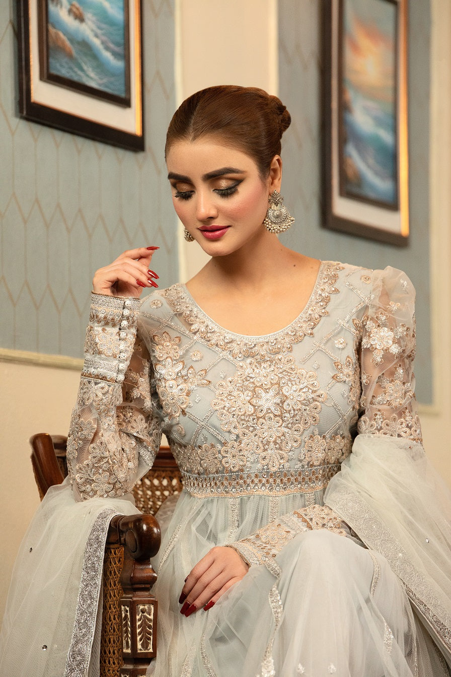 NB-001 Silver Long 3pc Stitched Dress Nakoosh Shop