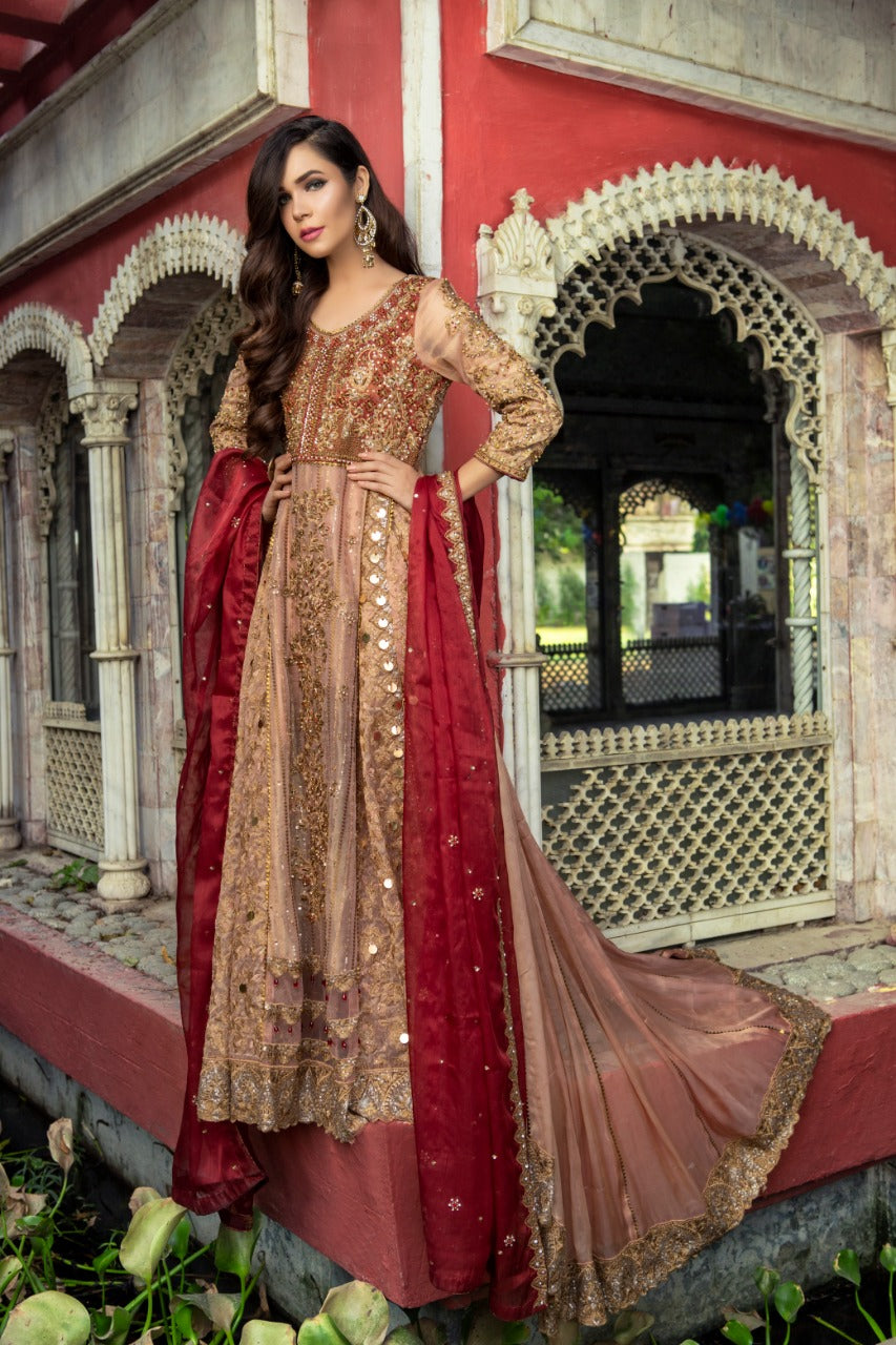 NB-3341 Peach Long Dress Stitched 3Pc Suit Nakoosh Shop
