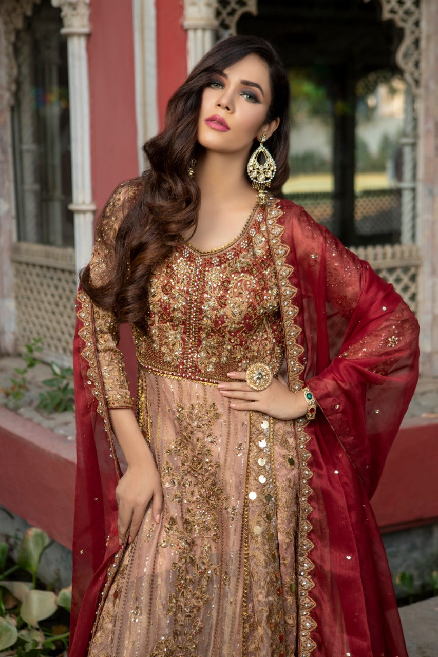 NB-3341 Peach Long Dress Stitched 3Pc Suit Nakoosh Shop