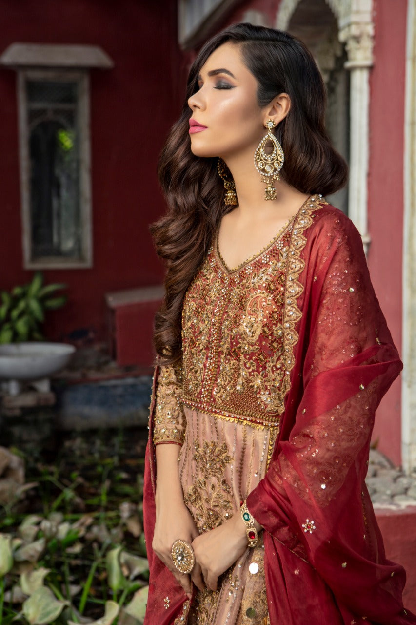 NB-3341 Peach Long Dress Stitched 3Pc Suit Nakoosh Shop