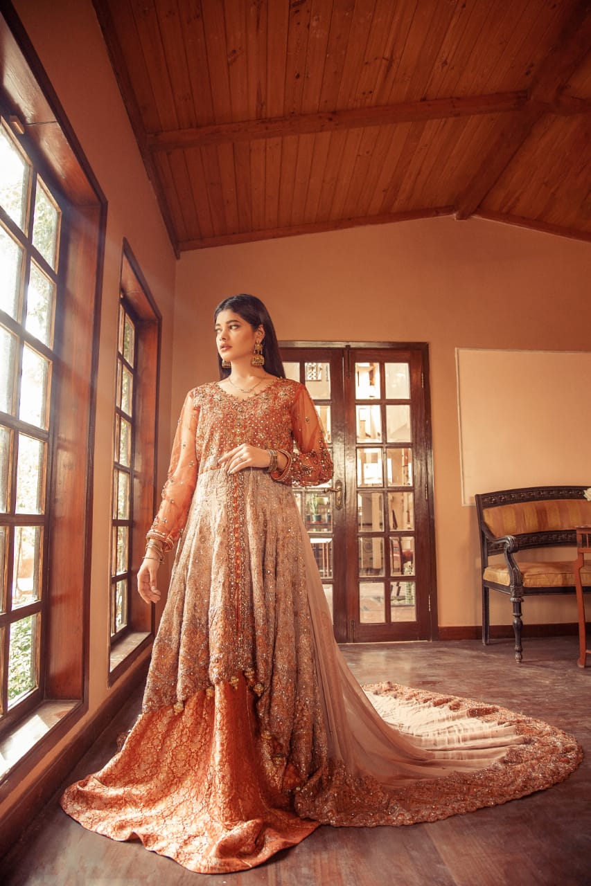 NB-3593 Orange & Beige Short & Long Stitched 3Pc Dress Nakoosh Shop