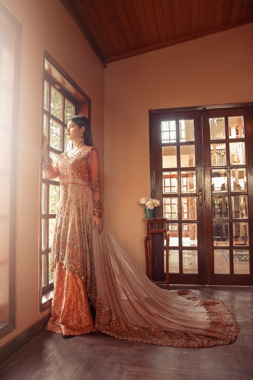 NB-3593 Orange & Beige Short & Long Stitched 3Pc Dress Nakoosh Shop