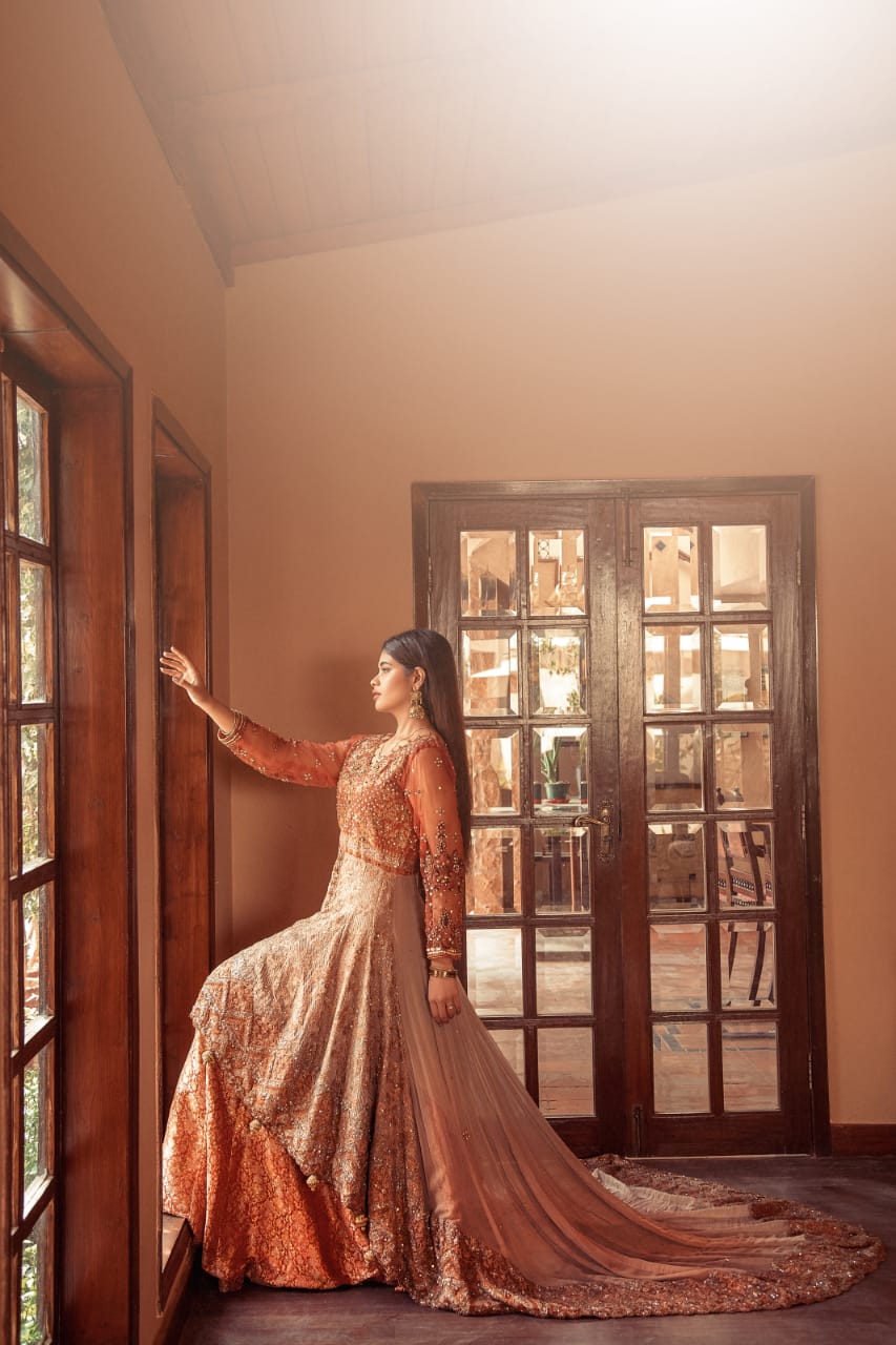 NB-3593 Orange & Beige Short & Long Stitched 3Pc Dress Nakoosh Shop