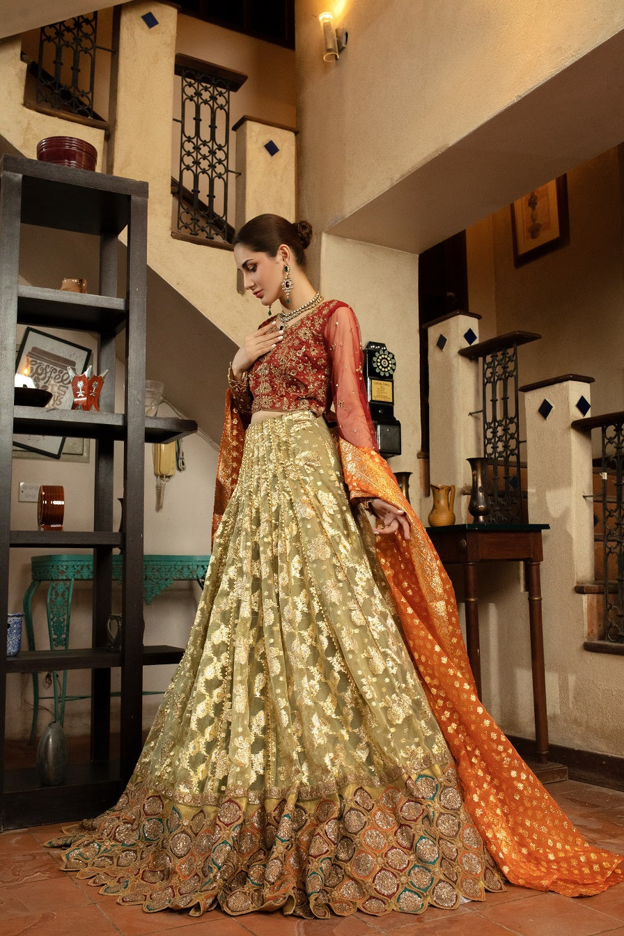 NB-4356 Maroon & Pista Lahnga Choli Stitched Dress Nakoosh Shop