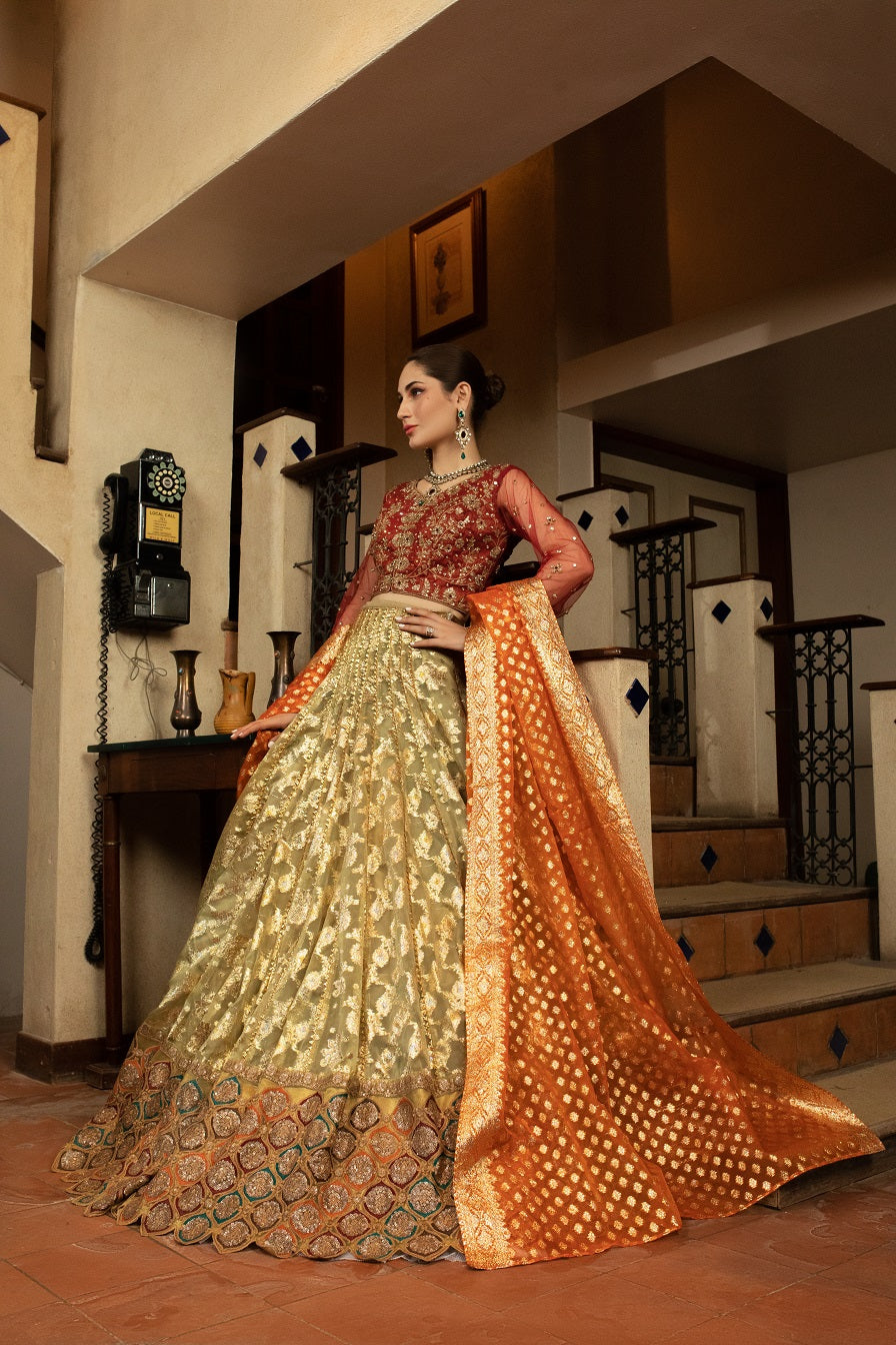 NB-4356 Maroon & Pista Lahnga Choli Stitched Dress Nakoosh Shop