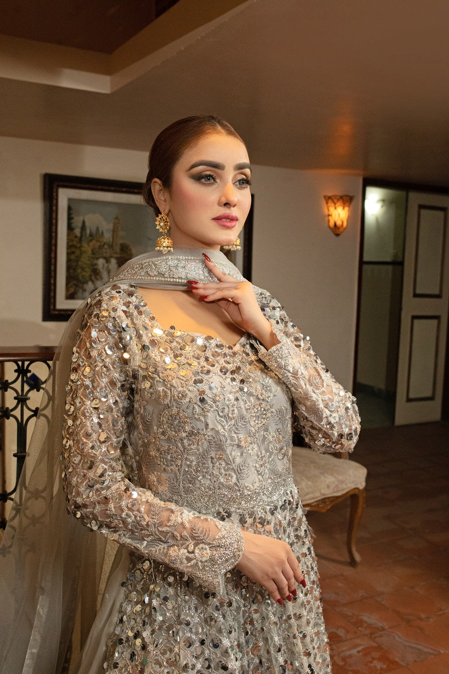 NB-5023 Silver Long Stitched 3Pc Dress Nakoosh Shop