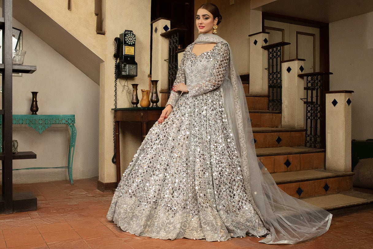 NB-5023 Silver Long Stitched 3Pc Dress Nakoosh Shop
