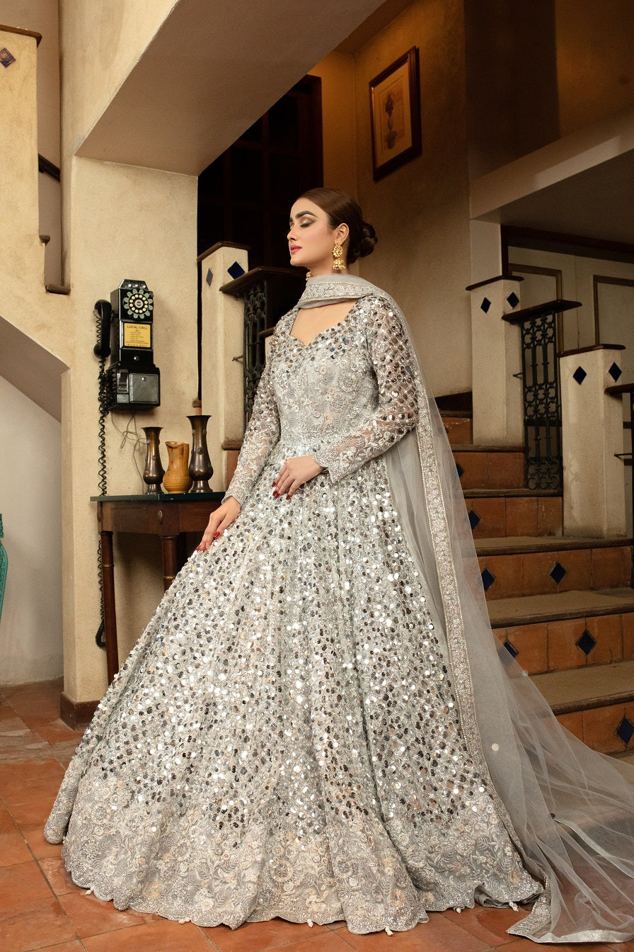 NB-5023 Silver Long Stitched 3Pc Dress Nakoosh Shop
