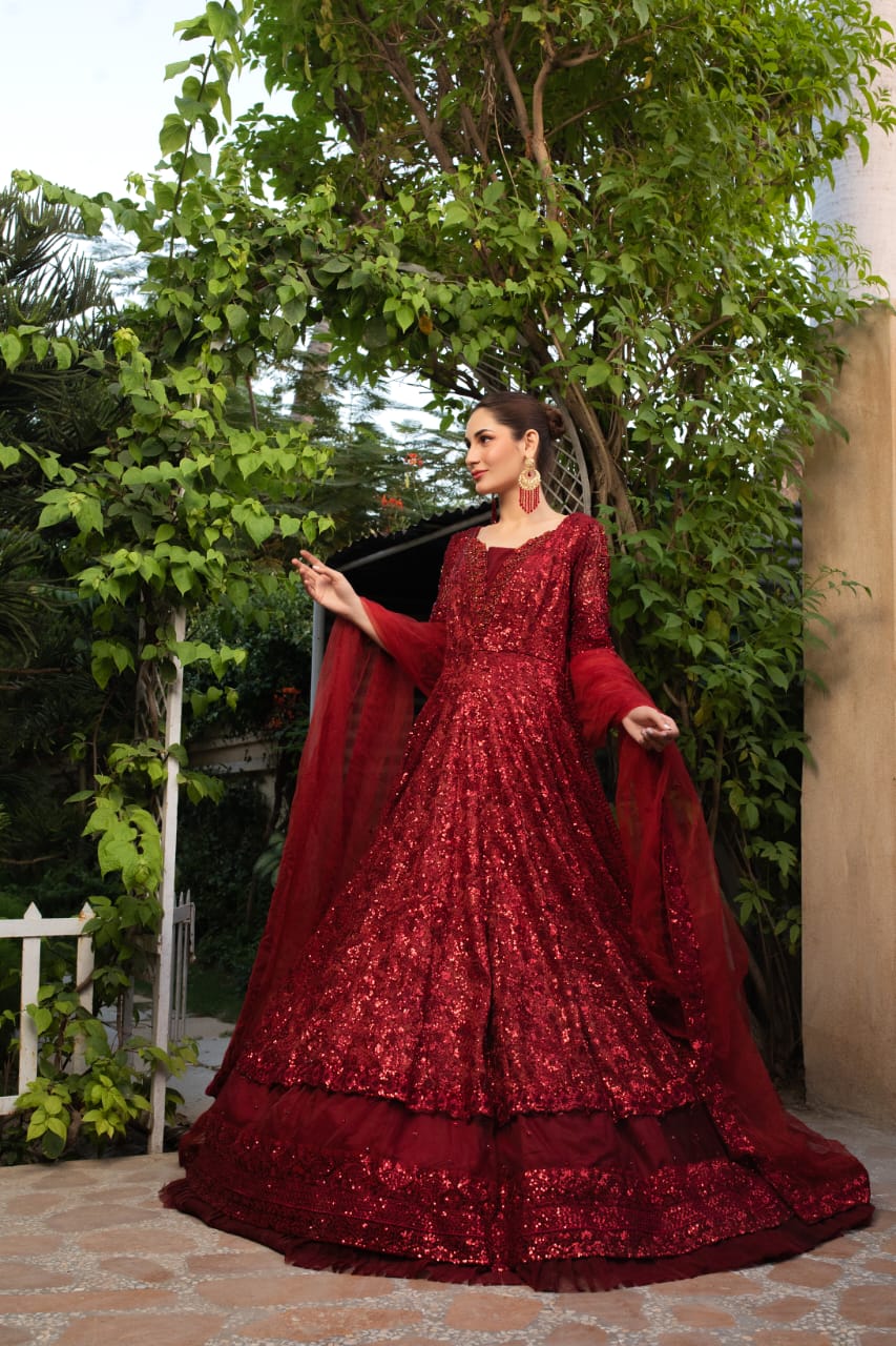 NB-5115 Red Sequins 3Pc Stitched Dress Nakoosh Shop