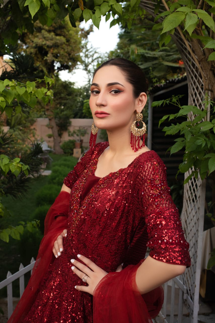 NB-5115 Red Sequins 3Pc Stitched Dress Nakoosh Shop