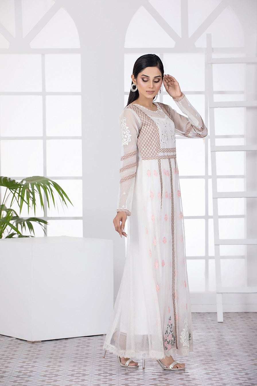 NF-4618 White Organza Stitched Frock Nakoosh Shop