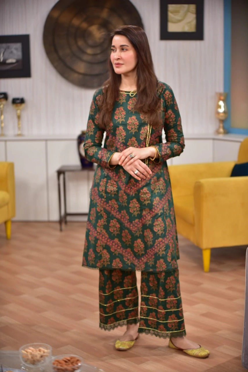 NU-107 Green Block Print 2Pc Unstitch Nakoosh Shop