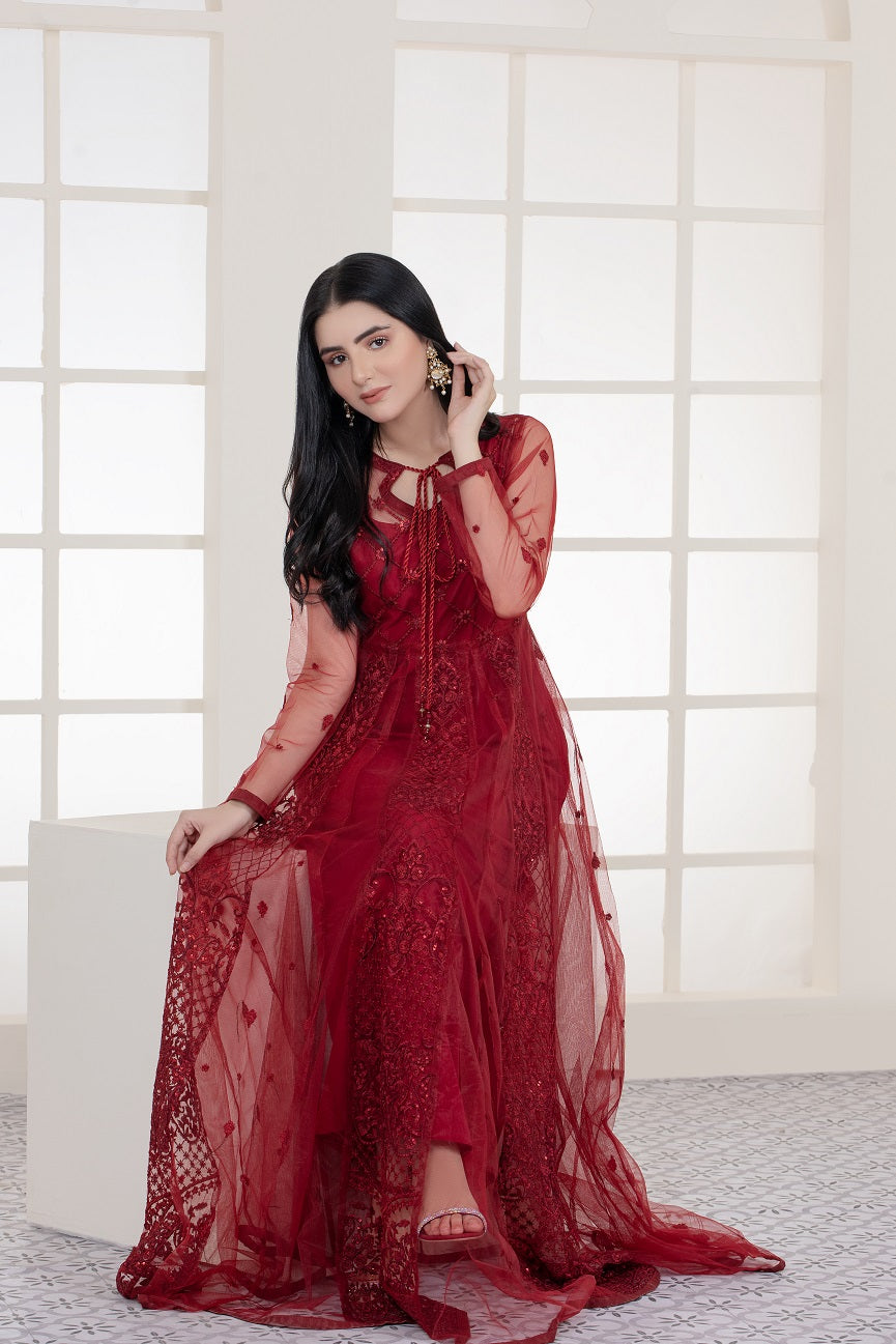NU-4557 Red Net 3Pc Unstitch Nakoosh Shop