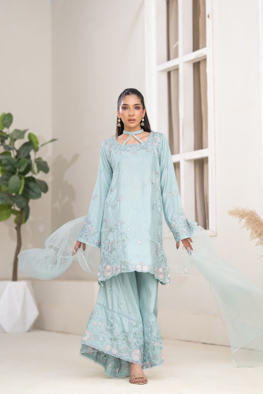 NF-6839 Ferozi Silk 2pc Dress
