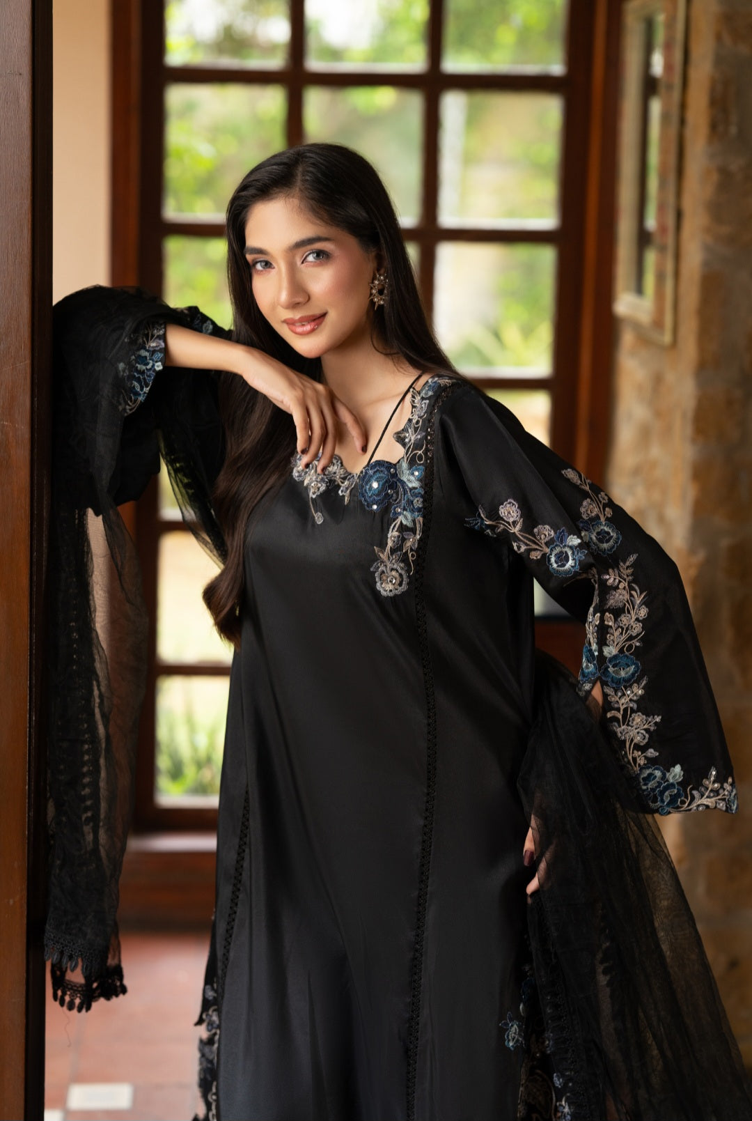 NF-6693 Black Silk long 2pc dress