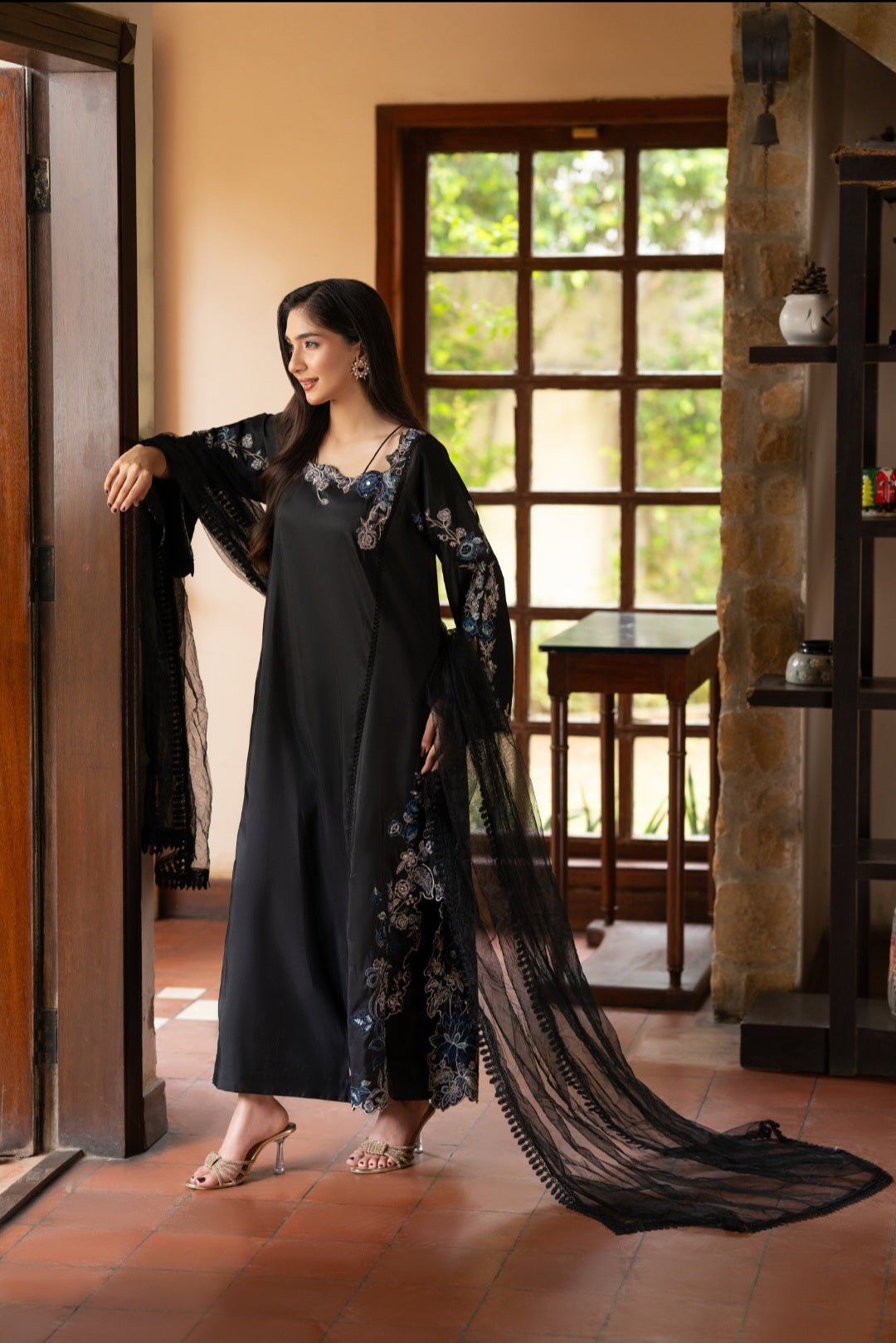 NF-6693 Black Silk long 2pc dress