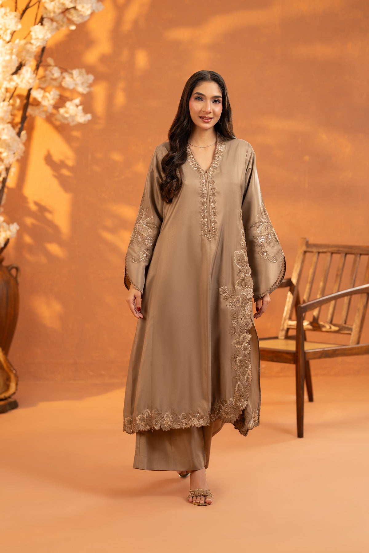 NF-6866 Beige Silk Stitched 2PC Suit