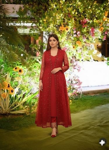NF-2062 Red Chiffon Stitched Dress