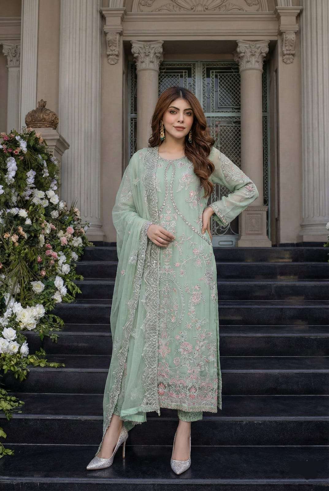 NF-5933 Pistachio Chiffon 3Pc Stitched Suit