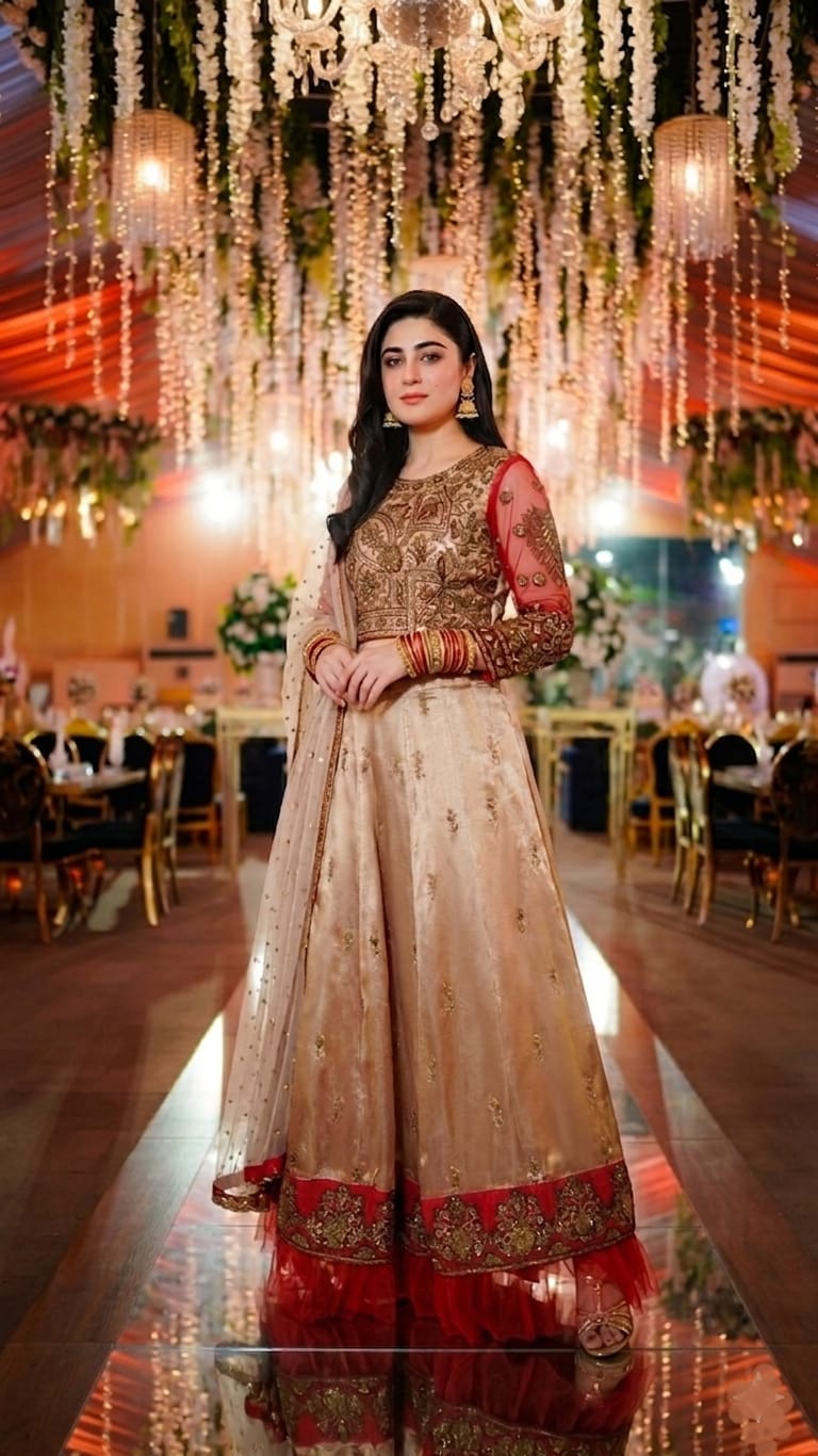 NF-6439 Peach Lama Tissue Lehnga Choli Dress