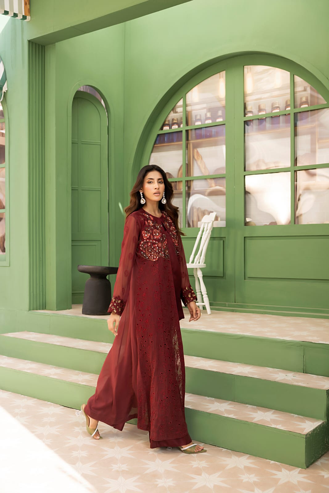 NF-6308 Maroon Chiffon Coat Style Stitched Shirt