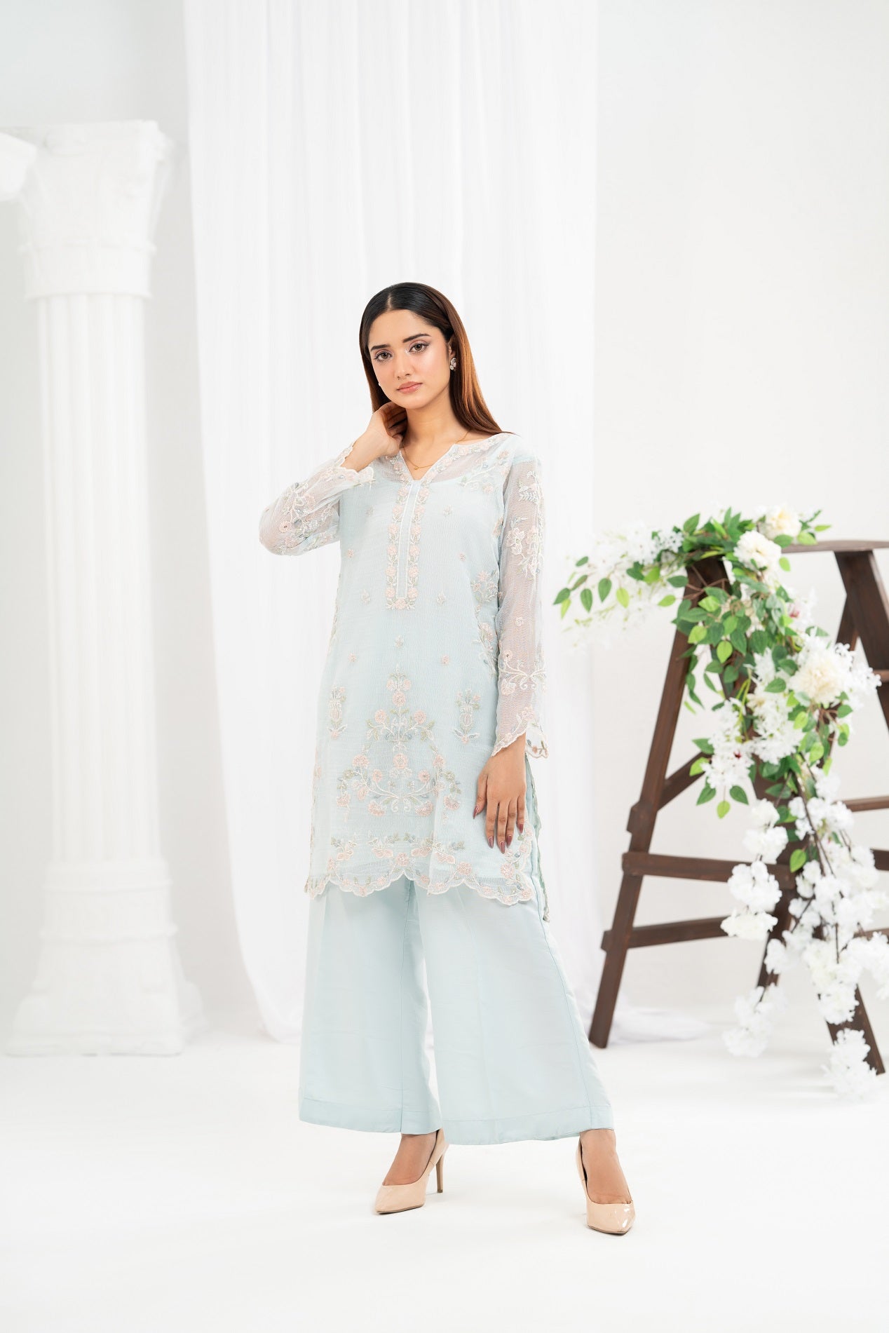 NF-6738 Ferozi Cotton Net 2Pc Stitched Dress