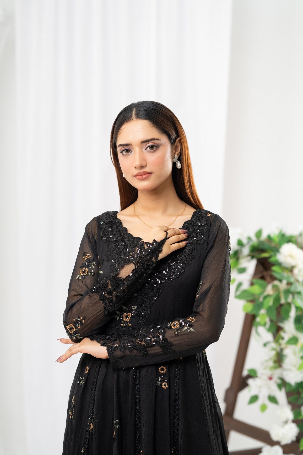 NF-6663 Black Chiffon Stitched Frock